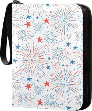 The USA Flag Stars and Fireworks Card Binder 4 Pocket Collectible Trading Card Albums with 50 Sleeves Double Side PU Waterproof 3 Ring for Sports & Game Cards