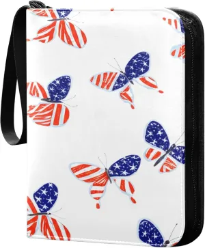 The USA Flag with Butterflies Card Binder 4 Pocket Collectible Trading Card Albums with 50 Sleeves Double Side PU Waterproof 3 Ring for Sports & Game Cards