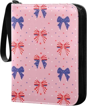 The USA Pretty Bows and Stars Card Binder 4 Pocket Collectible Trading Card Albums with 50 Sleeves Double Side PU Waterproof 3 Ring for Sports & Game Cards