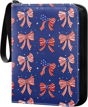 The USA Pretty Bows and Stars Card Binder 4 Pocket Collectible Trading Card Albums with 50 Sleeves Double Side PU Waterproof 3 Ring for Sports & Game Cards