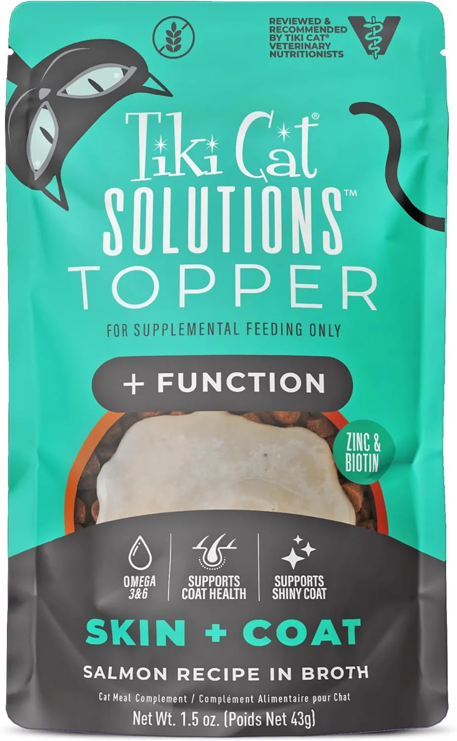Tiki Cat Born Carnivore Functions Skin & Coat, Salmon Recipe in Broth, Formulated with Omega-3 and Biotin for Healthy Skin, Mousse Cat Food Topper, 1.5 oz. Pouch (12 Count)