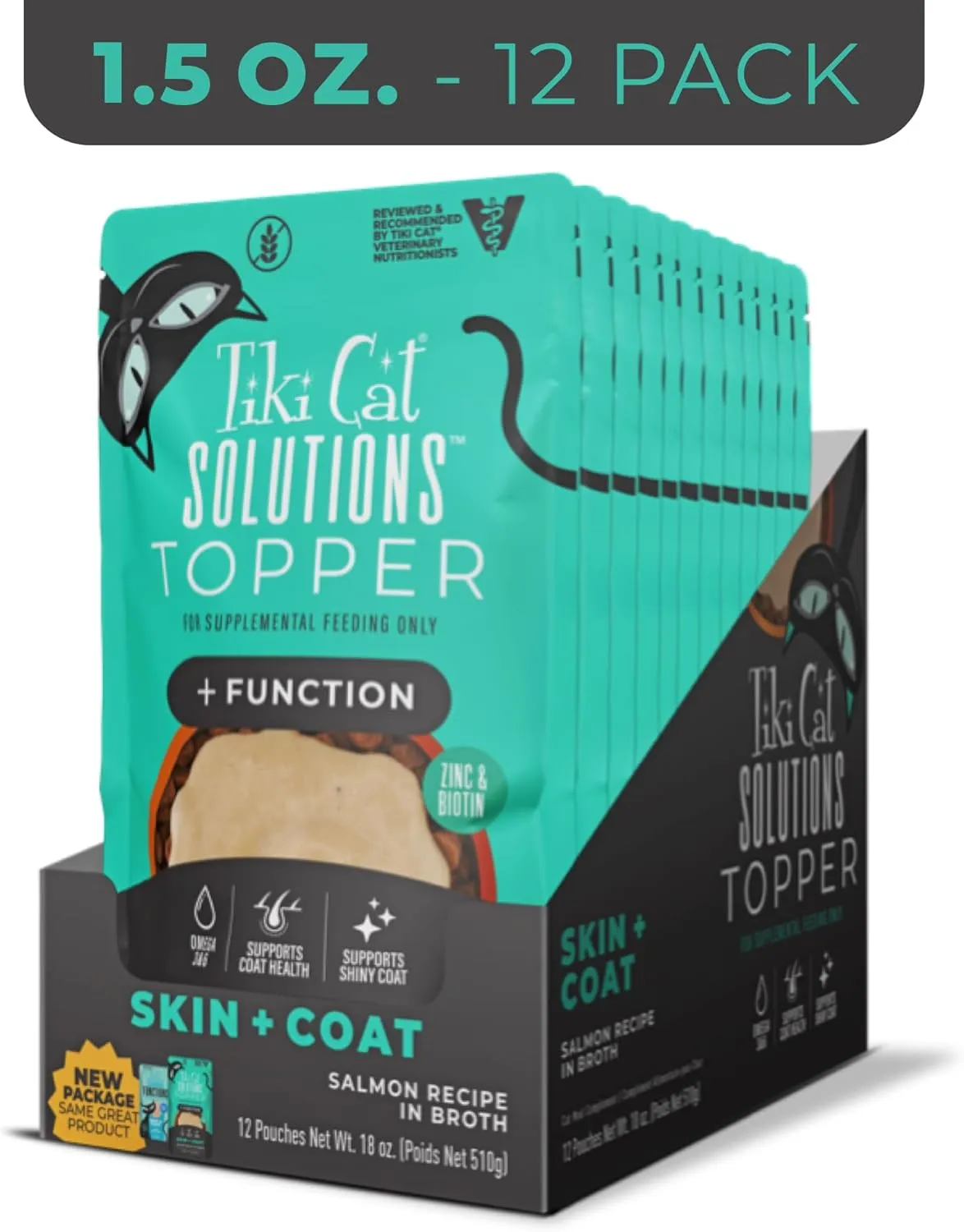 Tiki Cat Born Carnivore Functions Skin & Coat, Salmon Recipe in Broth, Formulated with Omega-3 and Biotin for Healthy Skin, Mousse Cat Food Topper, 1.5 oz. Pouch (12 Count)