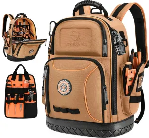 Tool Bag Backpack, 75 Pockets & Loops Canvas Heavy Duty Tools Organizer Bags/HVAC Tool Carrier for Electrician/Construction Work with Molded Base and Combination Lock - Brown