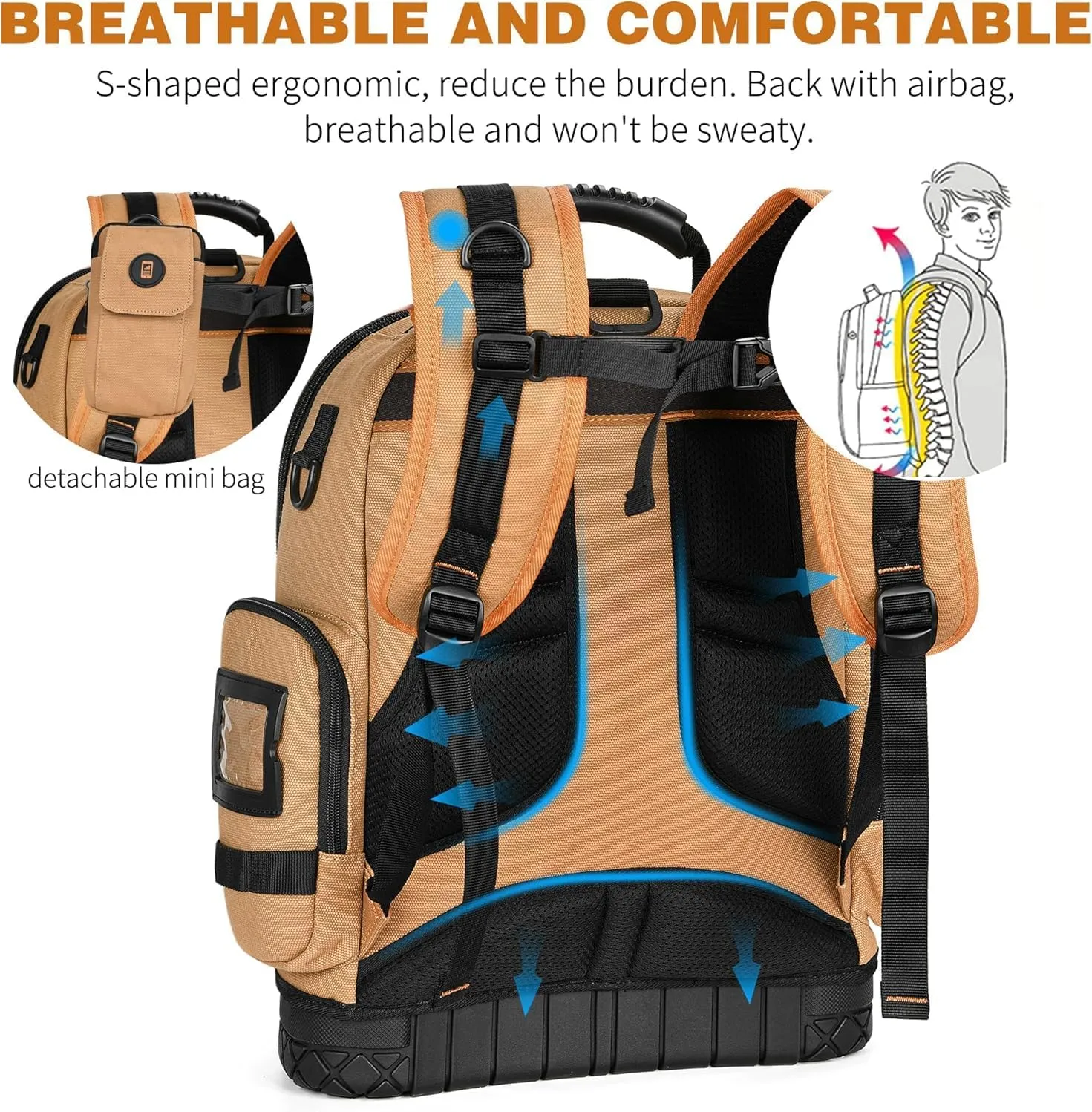Tool Bag Backpack, 75 Pockets & Loops Canvas Heavy Duty Tools Organizer Bags/HVAC Tool Carrier for Electrician/Construction Work with Molded Base and Combination Lock - Brown