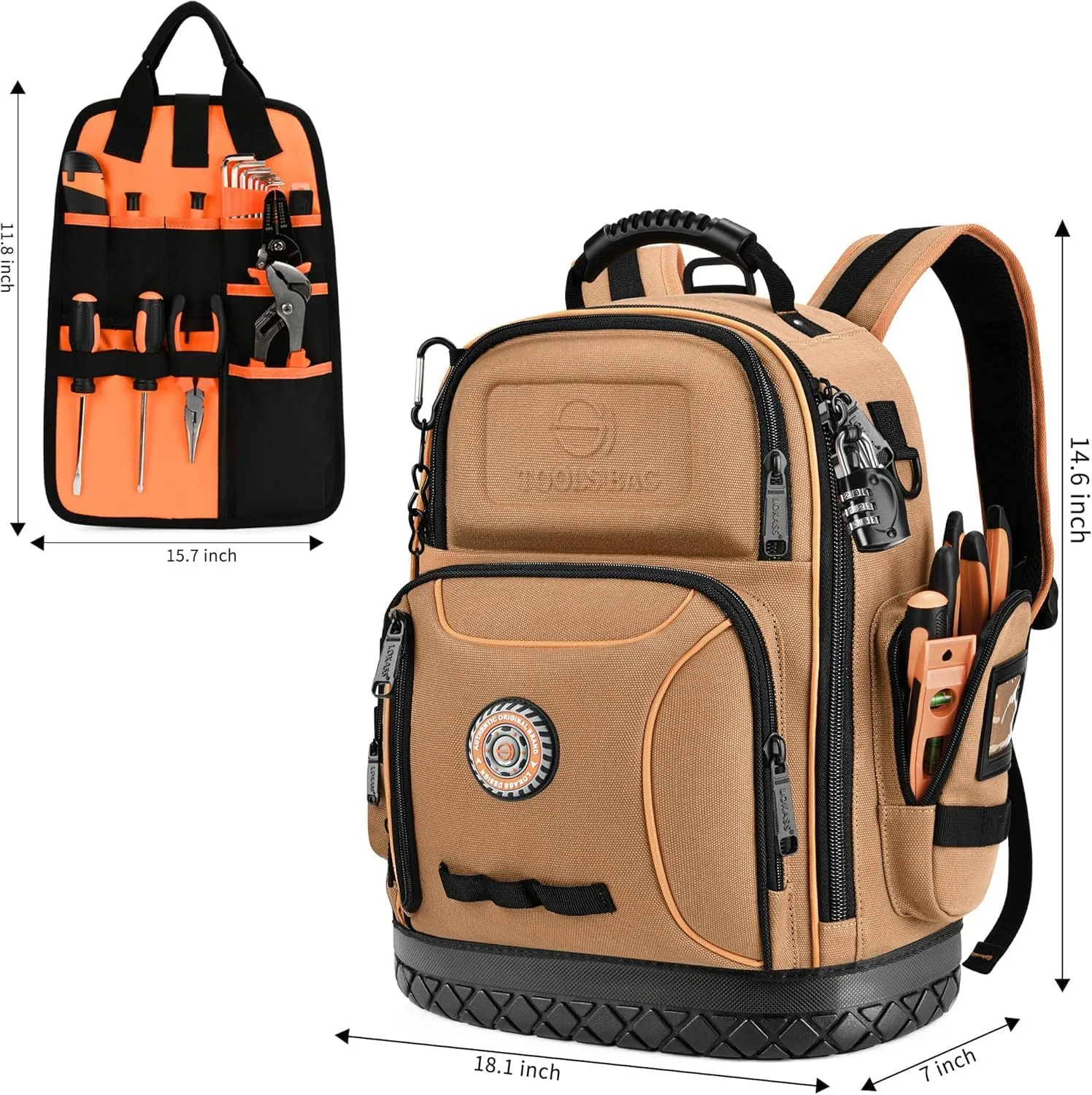 Tool Bag Backpack, 75 Pockets & Loops Canvas Heavy Duty Tools Organizer Bags/HVAC Tool Carrier for Electrician/Construction Work with Molded Base and Combination Lock - Brown