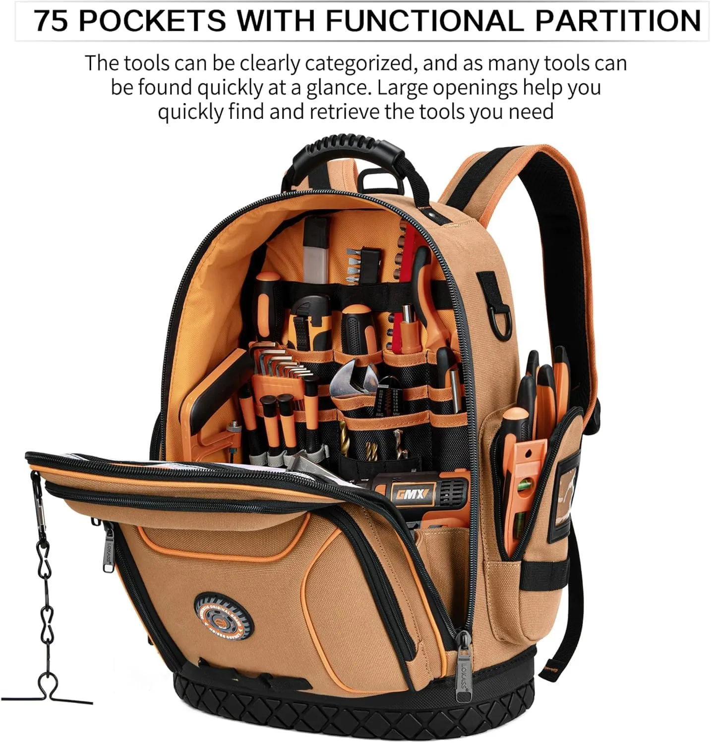 Tool Bag Backpack, 75 Pockets & Loops Canvas Heavy Duty Tools Organizer Bags/HVAC Tool Carrier for Electrician/Construction Work with Molded Base and Combination Lock - Brown