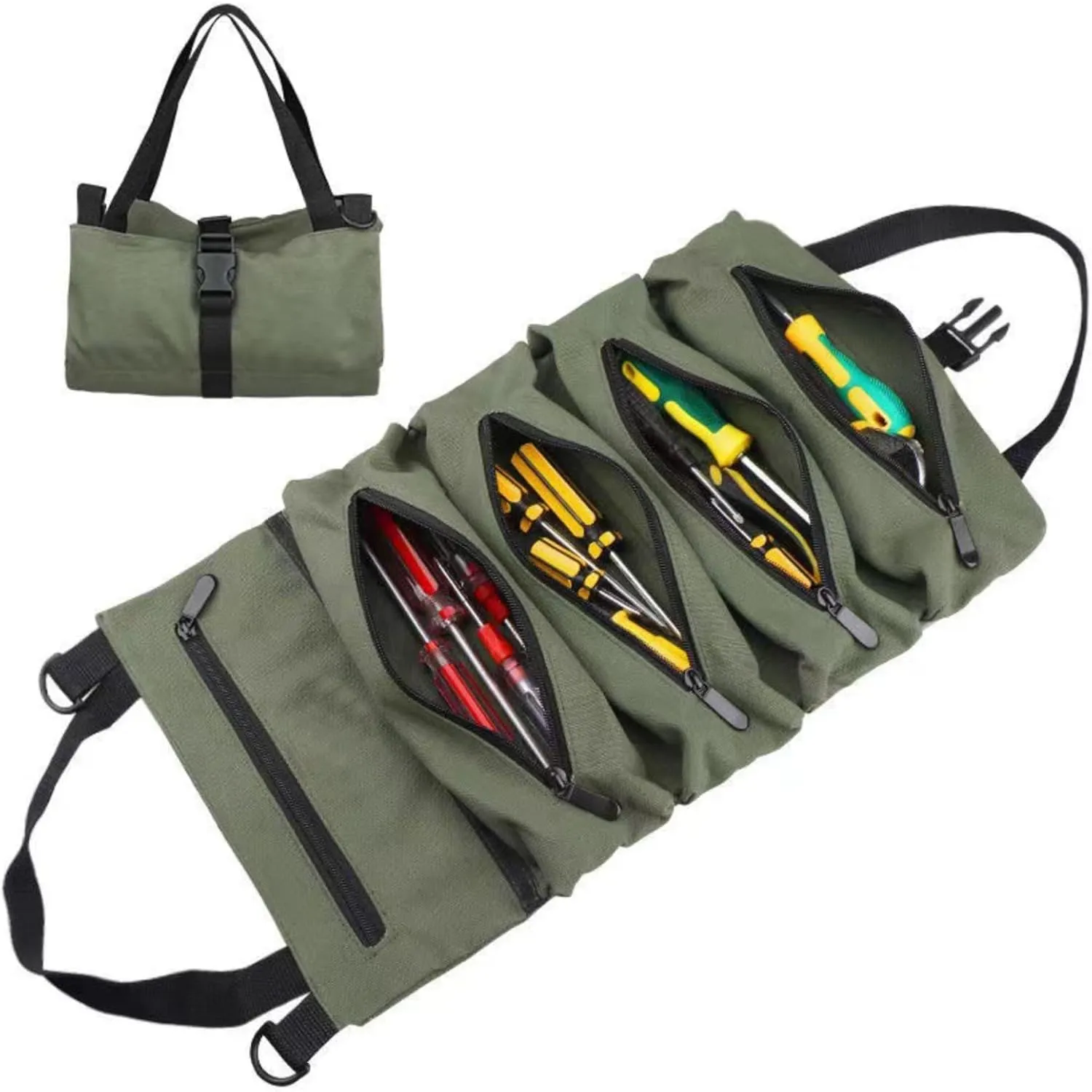 Tool Roll Up Pouch Multi-Purpose Tool Bag Durable Canvas Tools Organizer Bag,Car First Aid Kit Wrap-Roll Storage Case,Hanging Tool Zipper Carrier Tote,Green