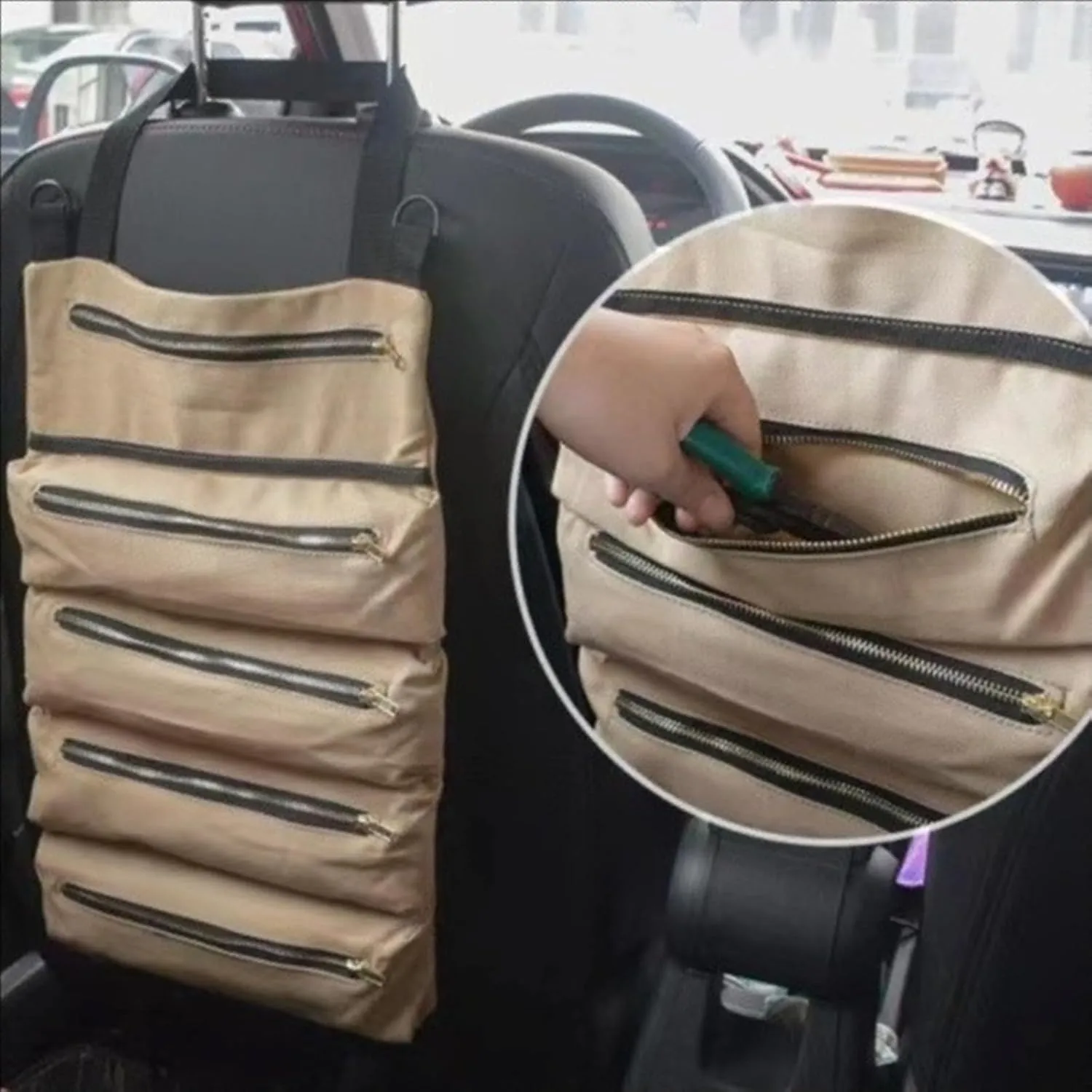Tool Roll Up Pouch Multi-Purpose Tool Bag Durable Canvas Tools Organizer Bag,Car First Aid Kit Wrap-Roll Storage Case,Hanging Tool Zipper Carrier Tote,Green