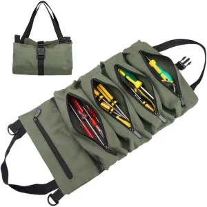 Tool Roll Up Pouch Multi-Purpose Tool Bag Durable Canvas Tools Organizer Bag,Car First Aid Kit Wrap-Roll Storage Case,Hanging Tool Zipper Carrier Tote,Green