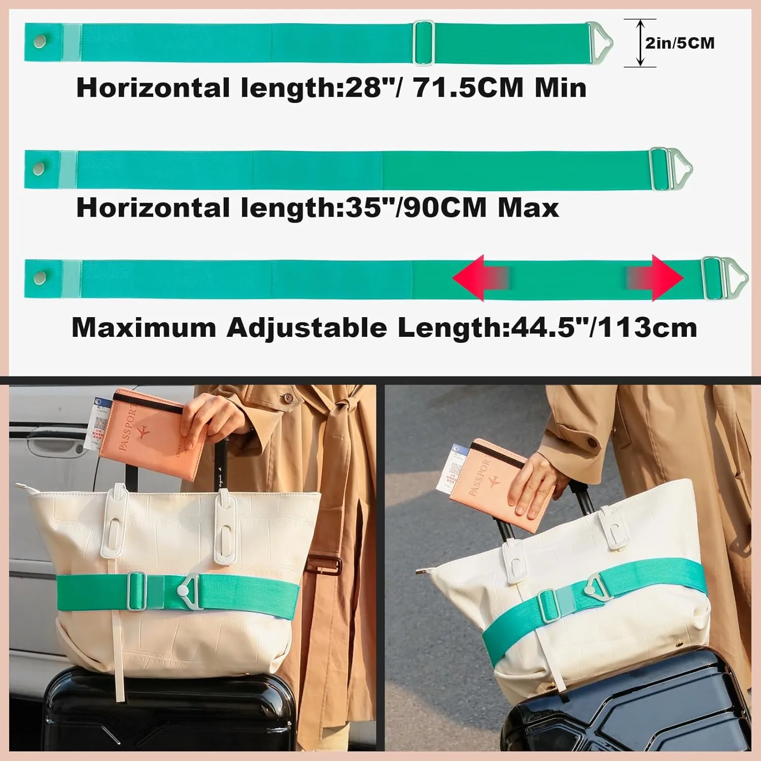 TOOVREN 2-in-1 Travel Belt for Luggage Straps Add a Bag Bungees Suitcase Luggage Strap Over Handle Suitcases Belt for Carry On Bag Adjustable Backpack Attachment Airport Travel Accessories Light Blue