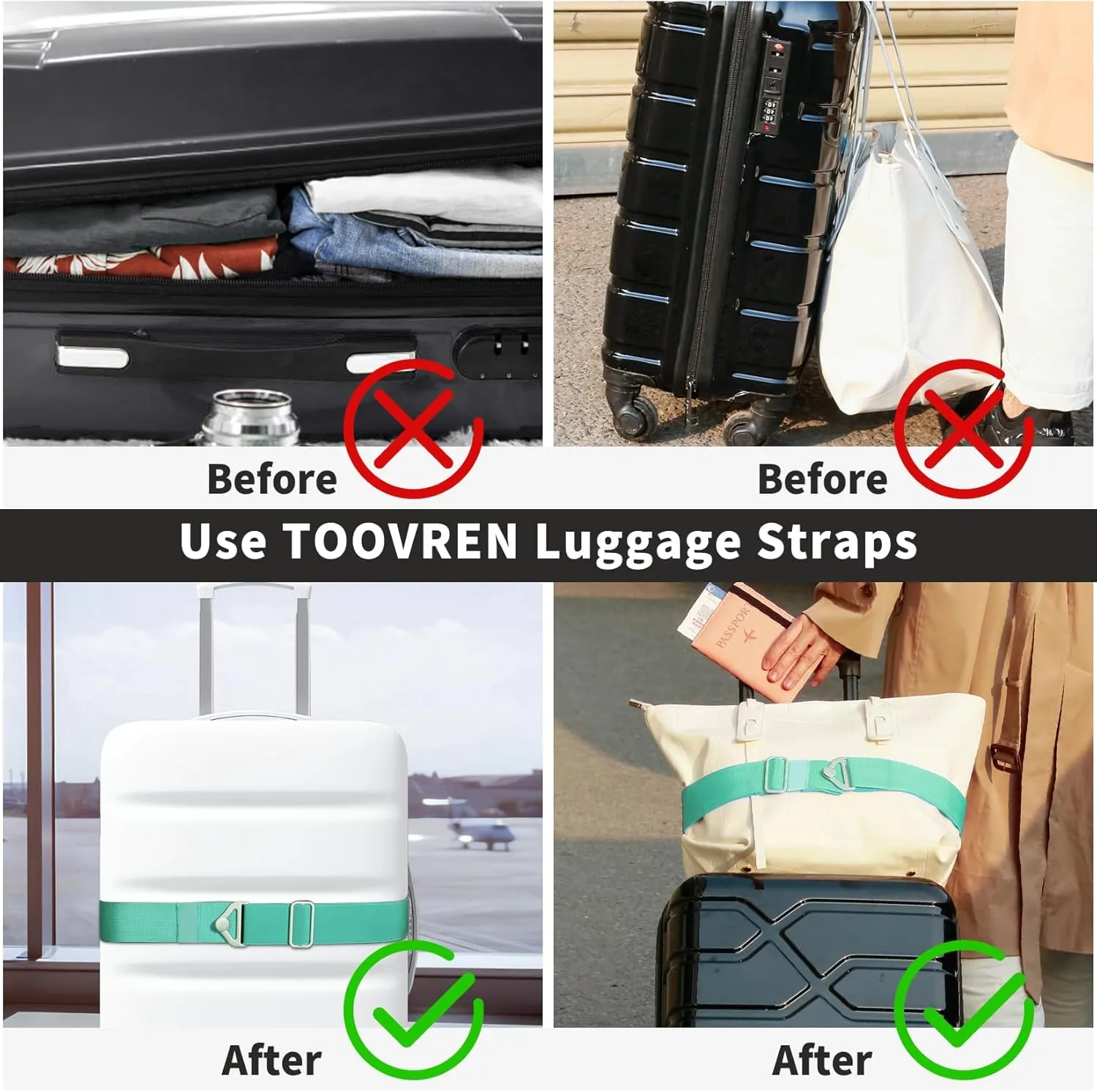 TOOVREN 2-in-1 Travel Belt for Luggage Straps Add a Bag Bungees Suitcase Luggage Strap Over Handle Suitcases Belt for Carry On Bag Adjustable Backpack Attachment Airport Travel Accessories Light Blue