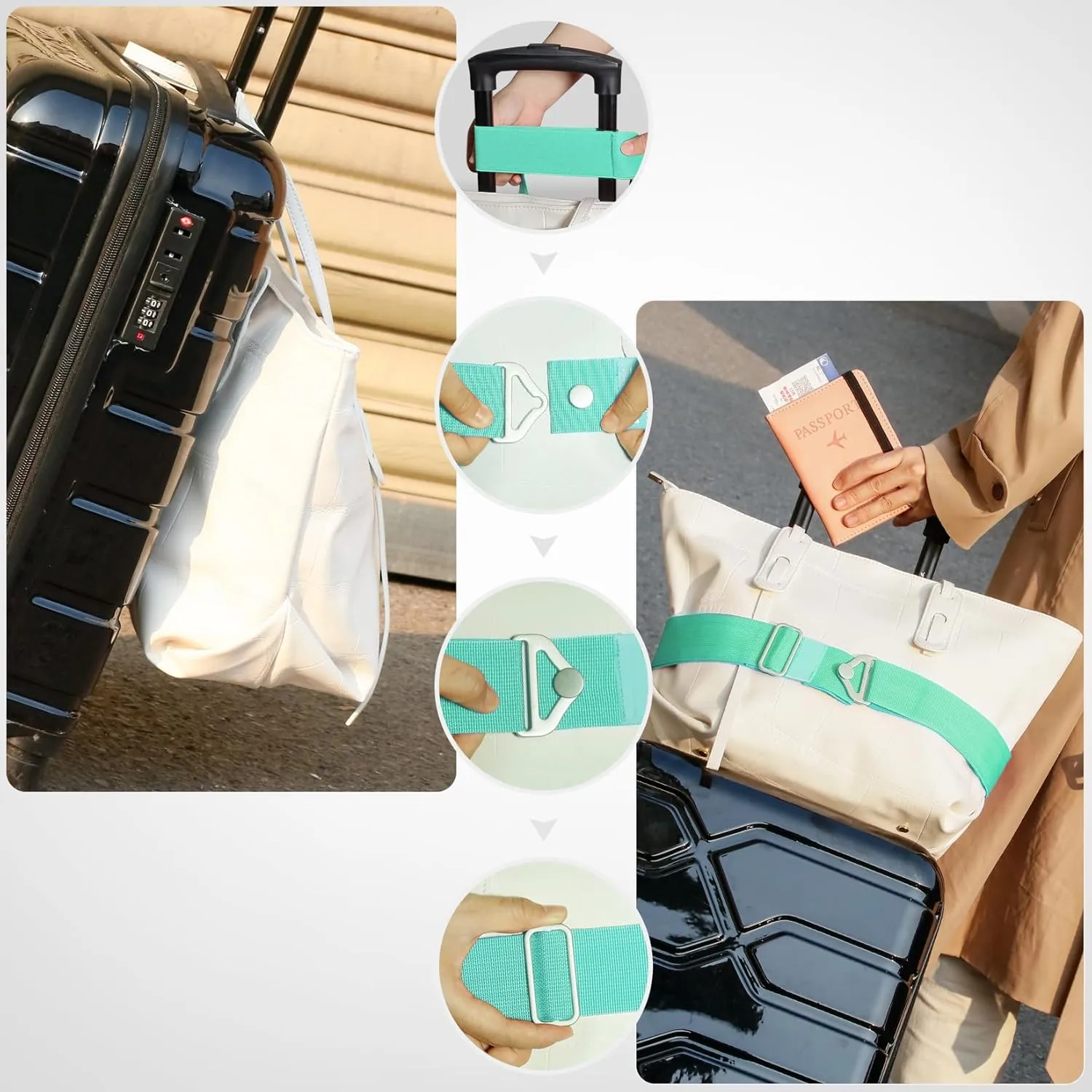 TOOVREN 2-in-1 Travel Belt for Luggage Straps Add a Bag Bungees Suitcase Luggage Strap Over Handle Suitcases Belt for Carry On Bag Adjustable Backpack Attachment Airport Travel Accessories Light Blue