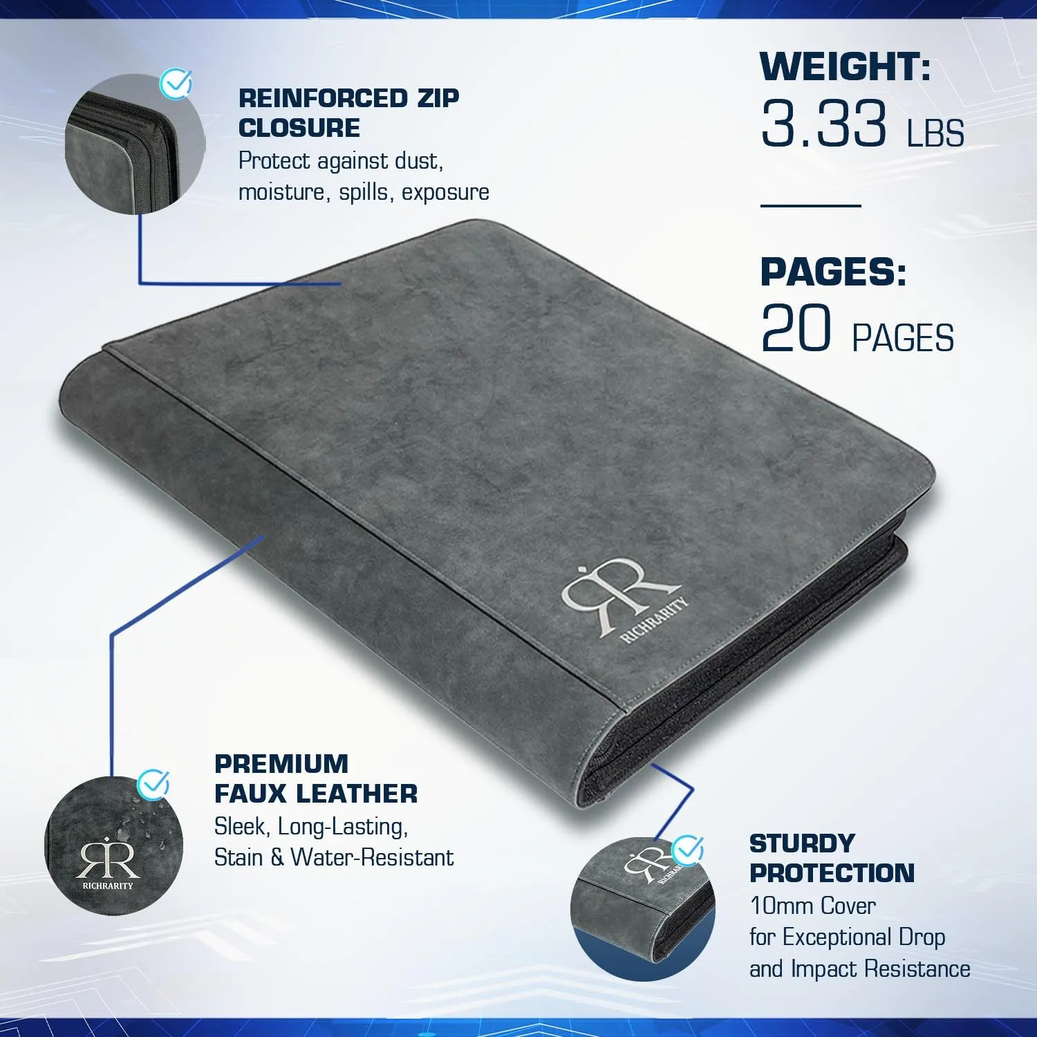 Top Loader Card Binder | Holds 360 Toploaders | ROTHRATHER 9 Pocket Top Loader Card Storage with Sleeves for 3" x 4" Card Holders for Trading Cards or Sports Cards (Grey)