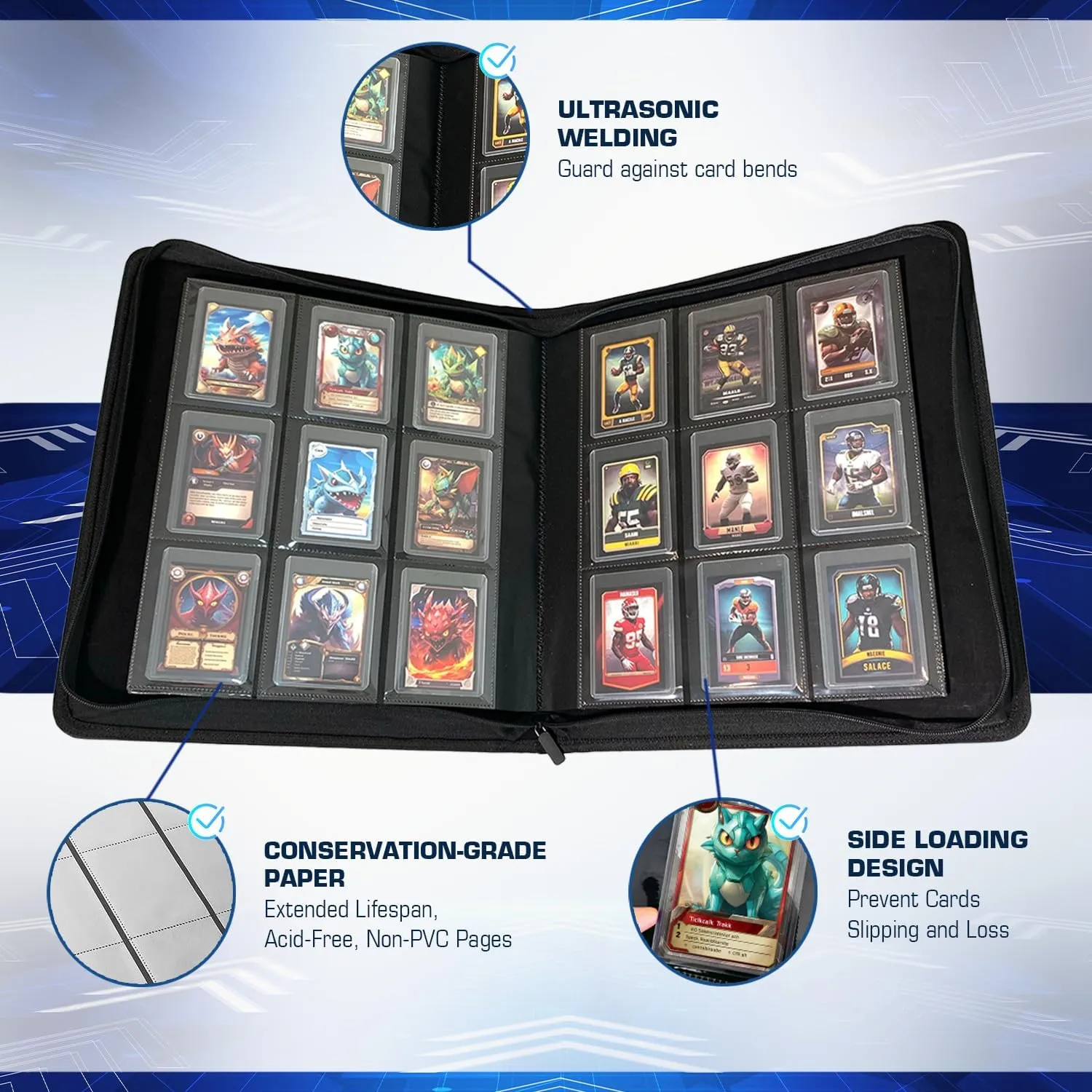 Top Loader Card Binder | Holds 360 Toploaders | ROTHRATHER 9 Pocket Top Loader Card Storage with Sleeves for 3" x 4" Card Holders for Trading Cards or Sports Cards (Grey)