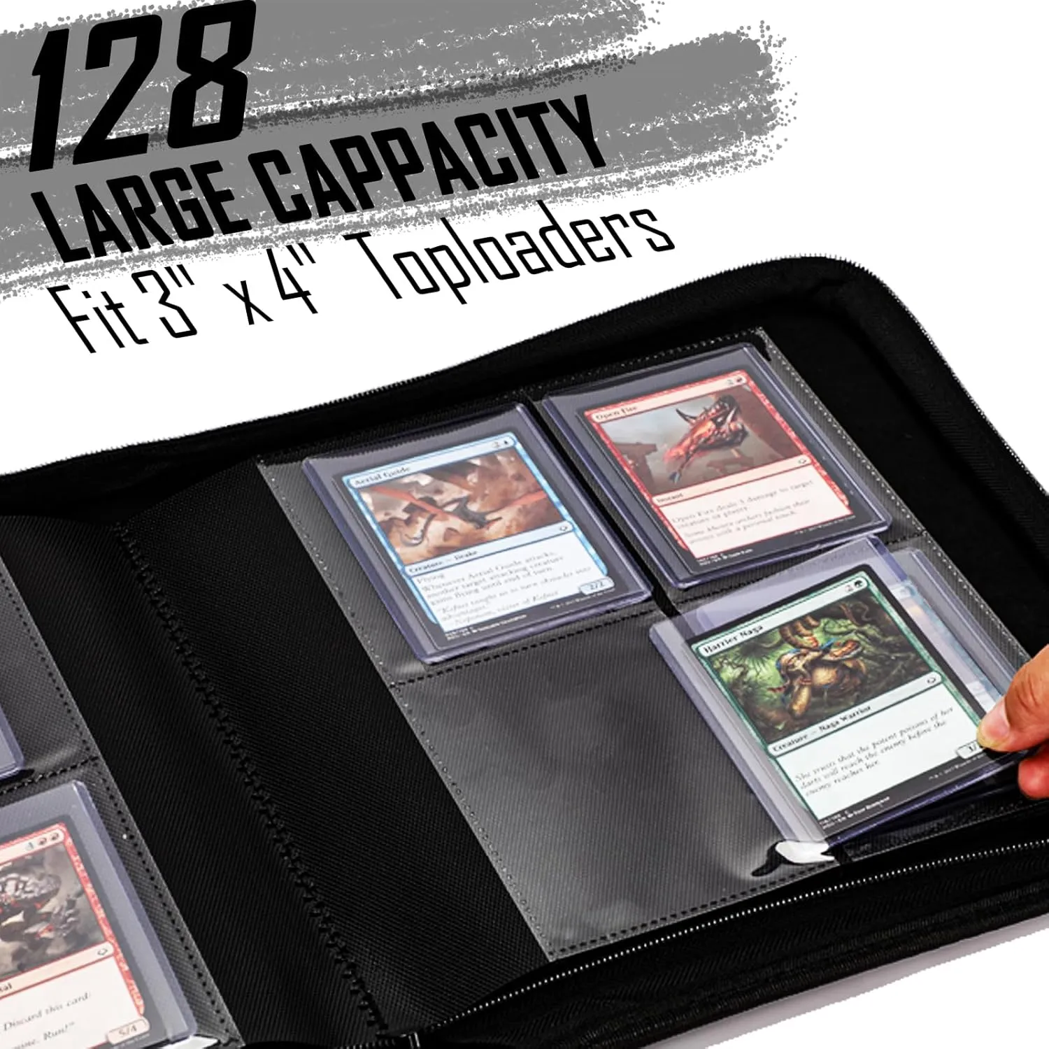 Toploader Binder, 4-Pocket Holds 128 Cards in 3" x 4" Rigid Card Holders | Label Design | Waterproof PU Leather | Ringless Double-Sided Pages for TCG/Trading Cards,Sports or MTG Cards-ByderPro
