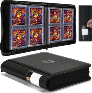 Toploader Binder, 4-Pocket Holds 128 Cards in 3" x 4" Rigid Card Holders | Label Design | Waterproof PU Leather | Ringless Double-Sided Pages for TCG/Trading Cards,Sports or MTG Cards-ByderPro