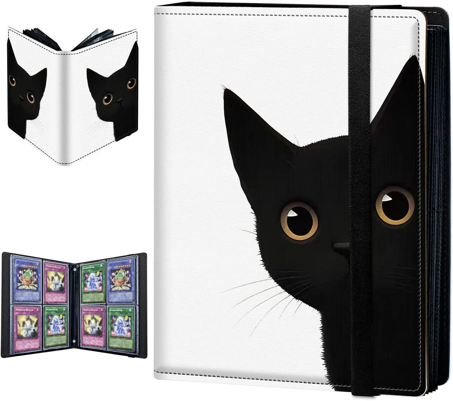 Trading Card Binder, 4 Pocket Album Display Holder, 400 Cards Double Sided Pockets Holder Sleeves Case for Standard Size Sports Cards, Cute Black Cat
