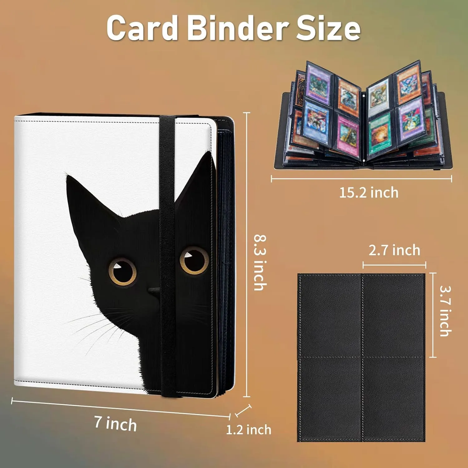 Trading Card Binder, 4 Pocket Album Display Holder, 400 Cards Double Sided Pockets Holder Sleeves Case for Standard Size Sports Cards, Cute Black Cat