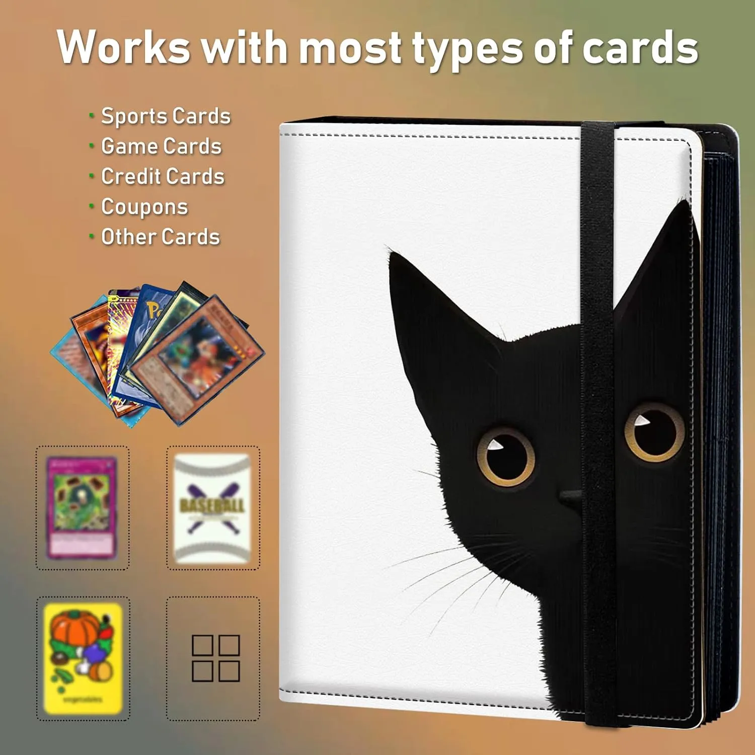 Trading Card Binder, 4 Pocket Album Display Holder, 400 Cards Double Sided Pockets Holder Sleeves Case for Standard Size Sports Cards, Cute Black Cat