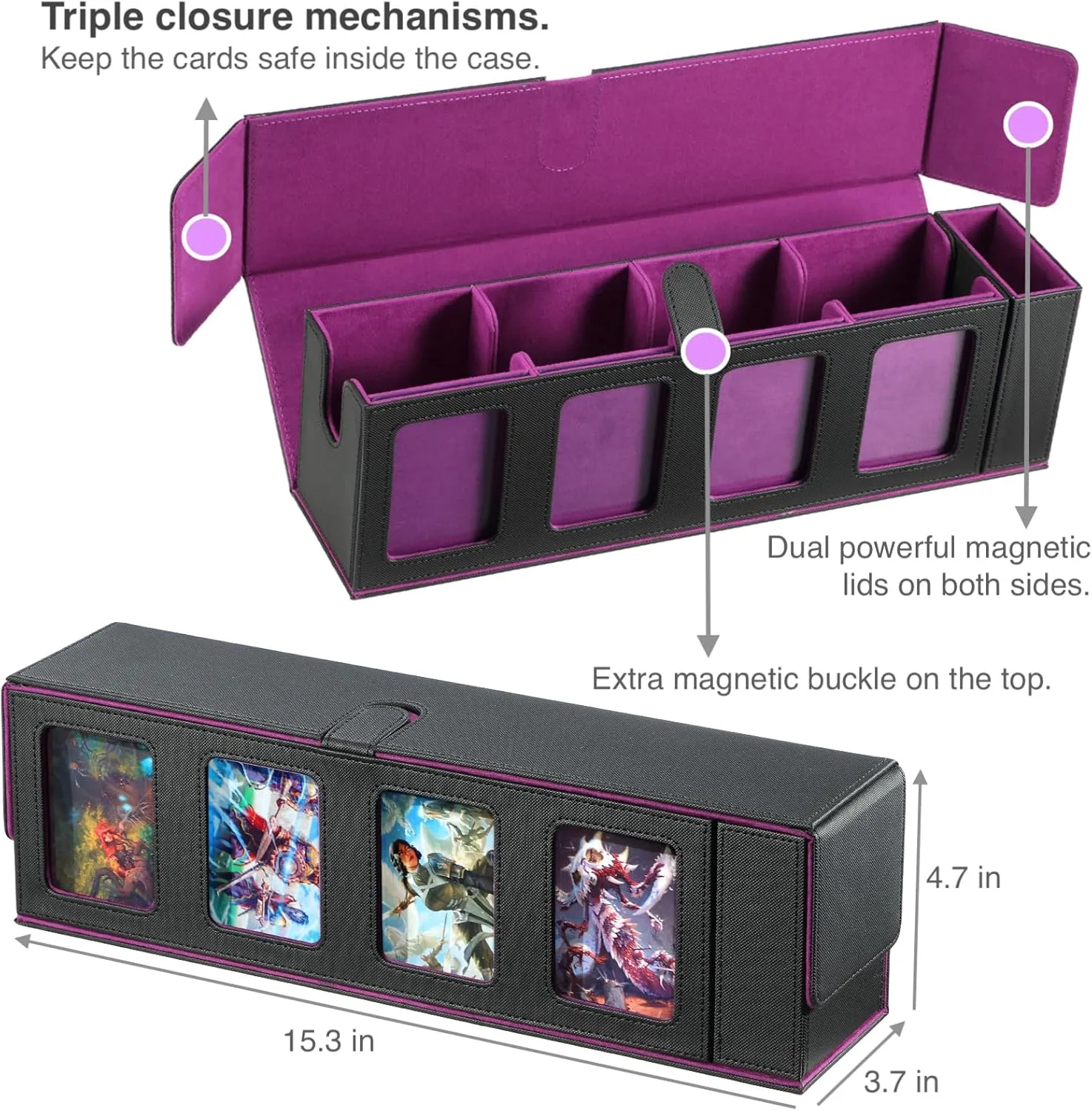 Trading Card Deck Case for 840 Cards, Storage Box with Display Windows for MTG Commander, PTCG, Sport Cards and Other Trading Card Games - Purple