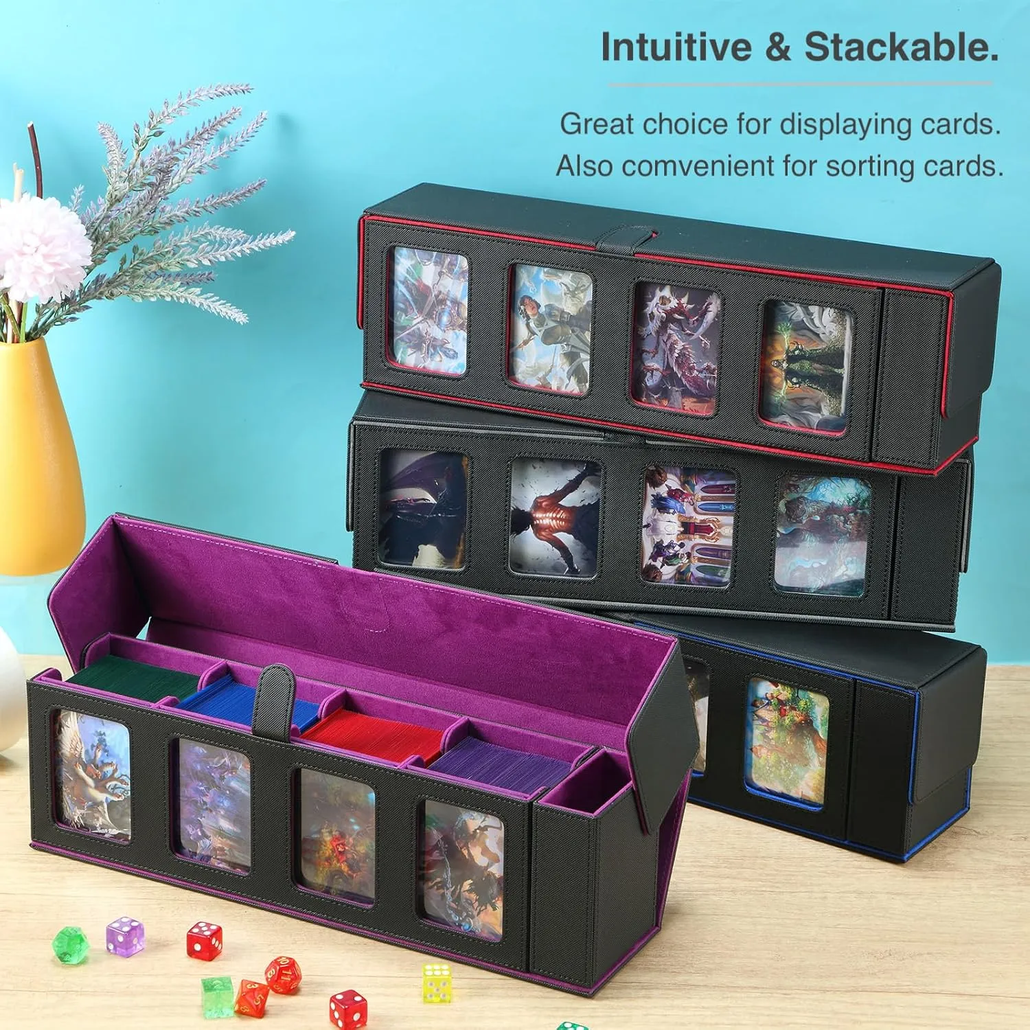 Trading Card Deck Case for 840 Cards, Storage Box with Display Windows for MTG Commander, PTCG, Sport Cards and Other Trading Card Games - Purple