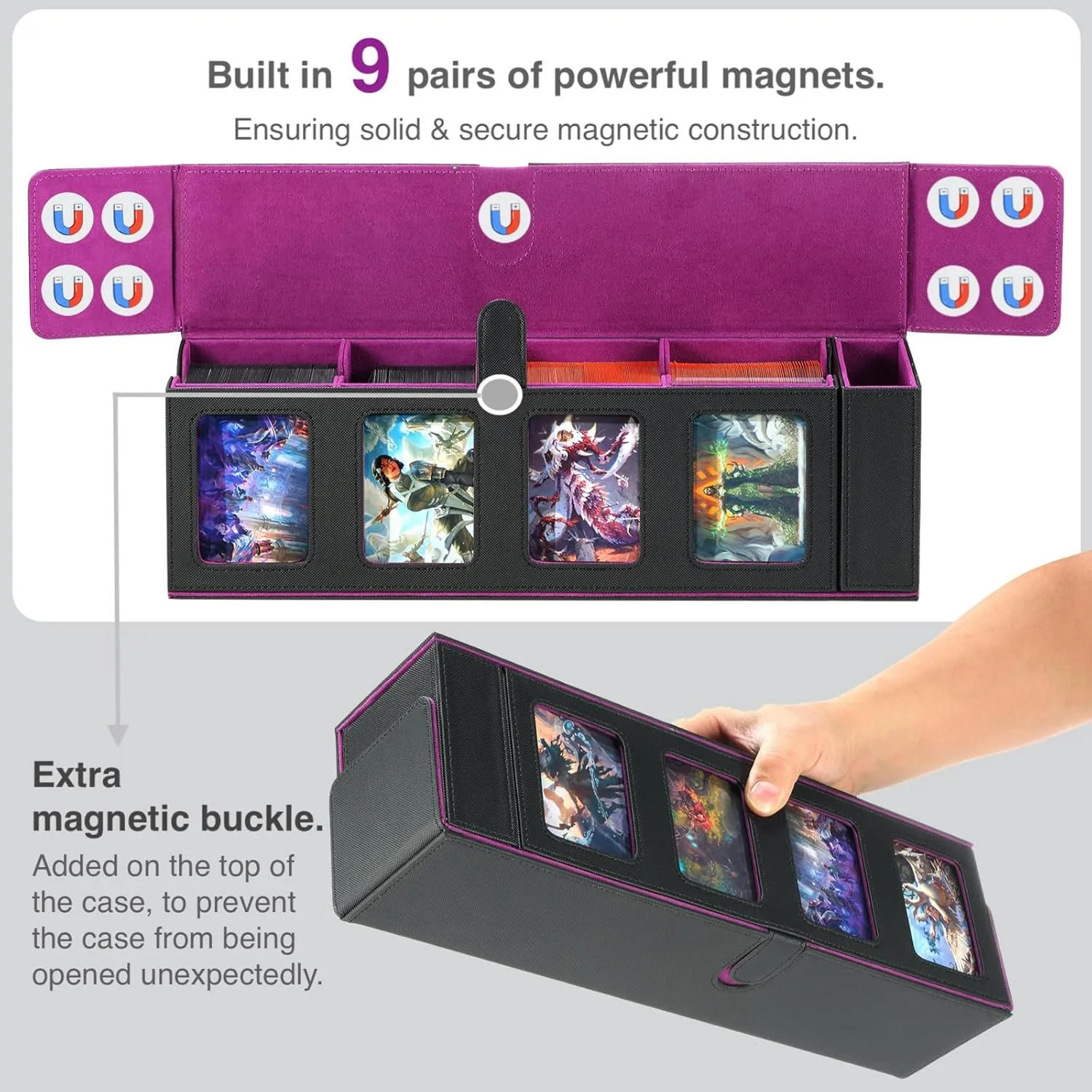 Trading Card Deck Case for 840 Cards, Storage Box with Display Windows for MTG Commander, PTCG, Sport Cards and Other Trading Card Games - Purple
