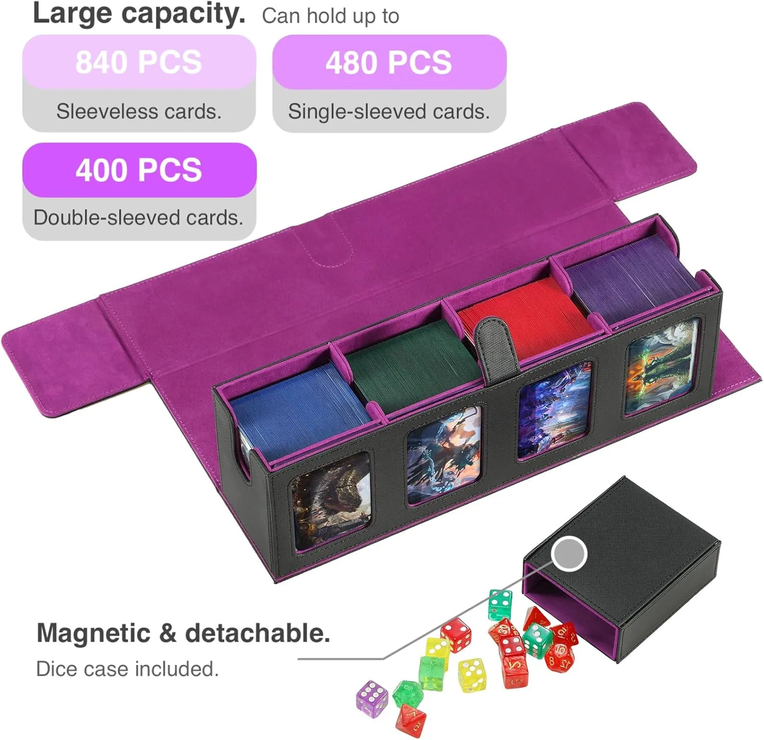Trading Card Deck Case for 840 Cards, Storage Box with Display Windows for MTG Commander, PTCG, Sport Cards and Other Trading Card Games - Purple