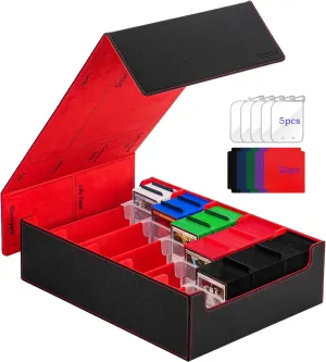 Trading Card Storage Box, 3800  Card Box with 20 Colorful Dividers&5 Supporters, Leather Magnetic Closure Deck Box, Storage Box for YuGiOh, MTG, Black/Red