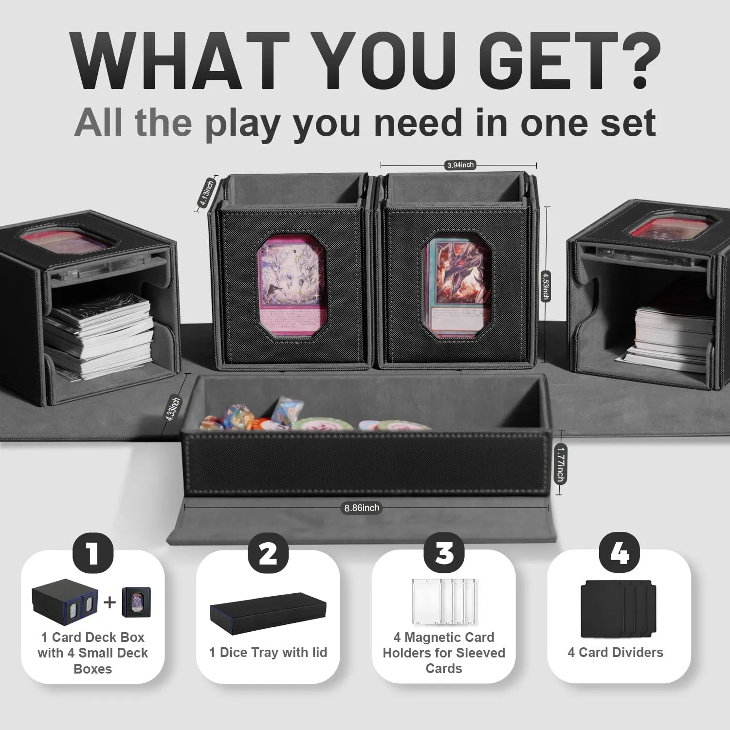 Trading Card Storage Box with Commander Display for MTG, TCG, Sports Cards, 5-in-1 Card Deck Box, Holds 450  Double-Sleeved Cards, 4 Individual Deck Cases with Covers, Dice Tray & Magnetic Holders