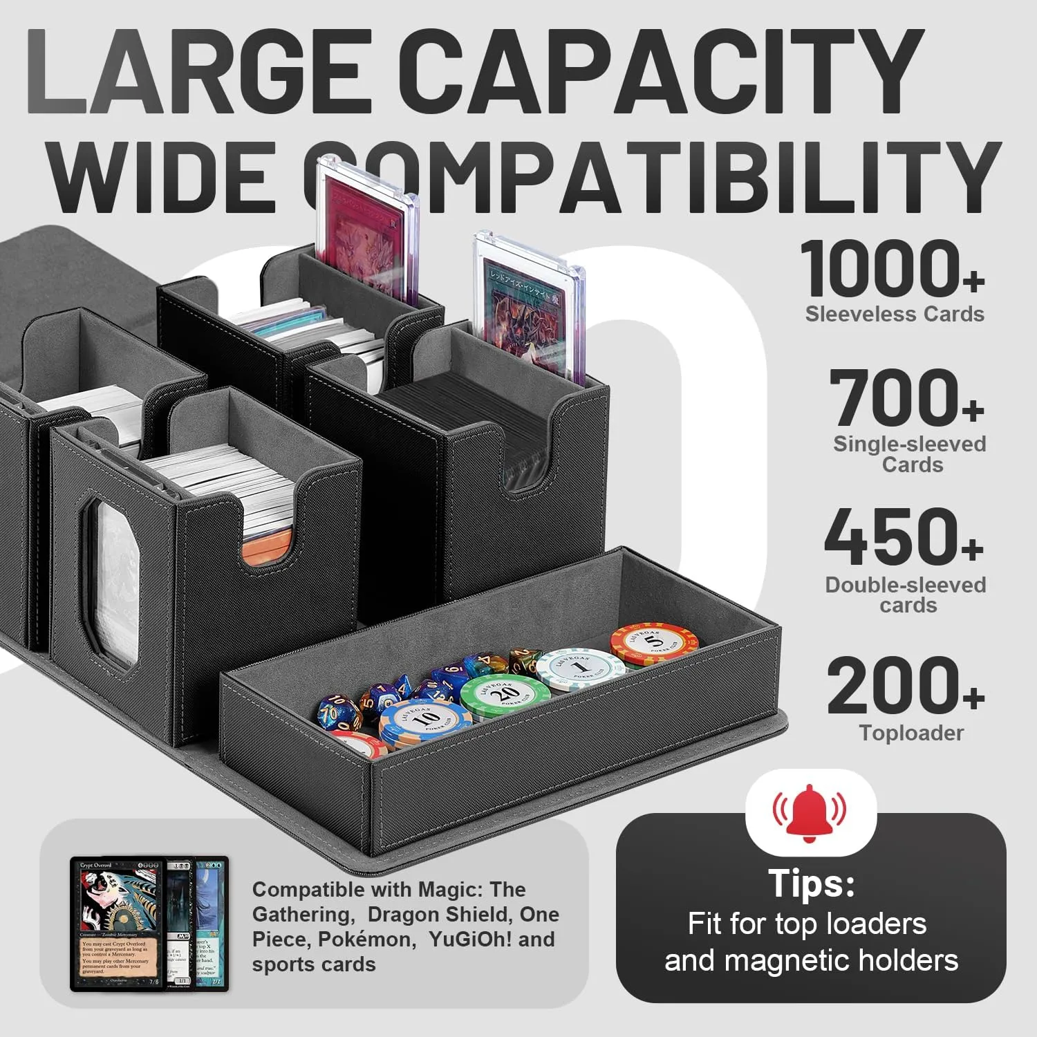 Trading Card Storage Box with Commander Display for MTG, TCG, Sports Cards, 5-in-1 Card Deck Box, Holds 450  Double-Sleeved Cards, 4 Individual Deck Cases with Covers, Dice Tray & Magnetic Holders