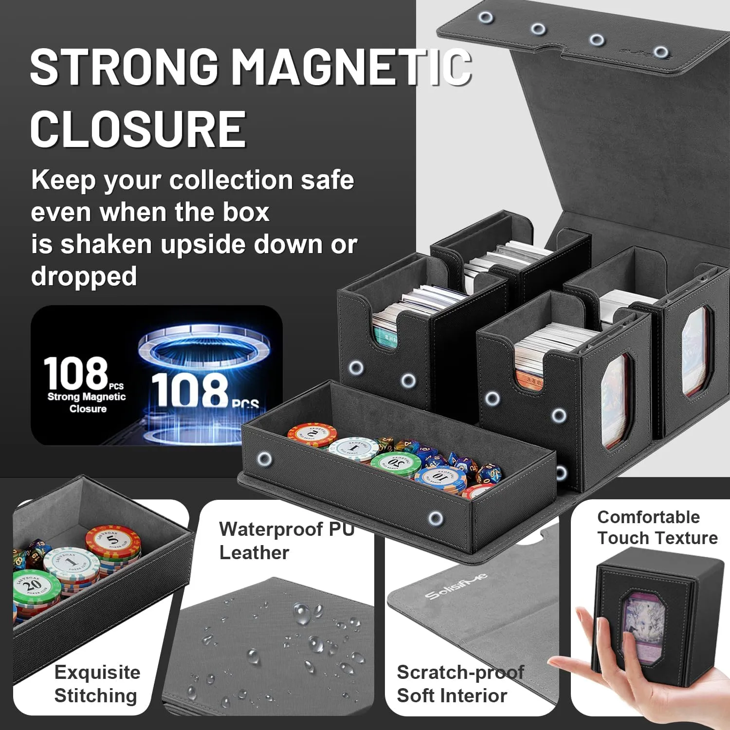 Trading Card Storage Box with Commander Display for MTG, TCG, Sports Cards, 5-in-1 Card Deck Box, Holds 450  Double-Sleeved Cards, 4 Individual Deck Cases with Covers, Dice Tray & Magnetic Holders