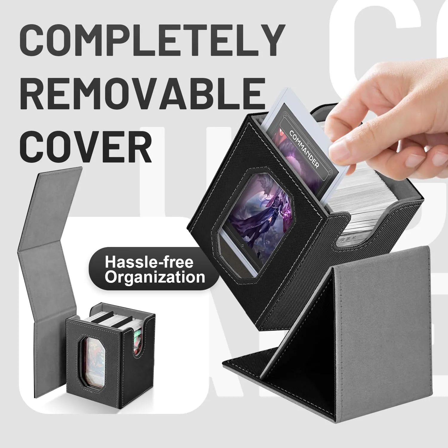 Trading Card Storage Box with Commander Display for MTG, TCG, Sports Cards, 5-in-1 Card Deck Box, Holds 450  Double-Sleeved Cards, 4 Individual Deck Cases with Covers, Dice Tray & Magnetic Holders