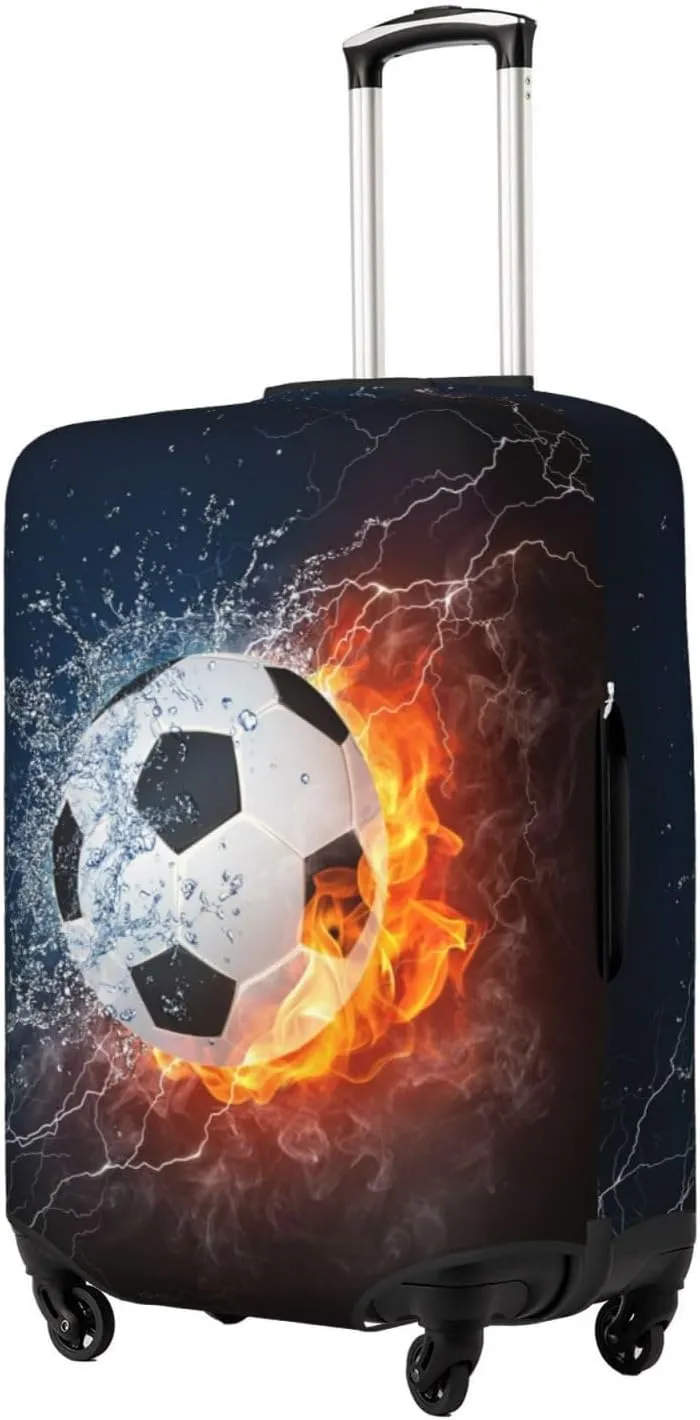 Travel Luggage Cover Suitcase Elastic Washable Fire Water Soccer Ball Suitcase Protector Bag,Anti-Scratch Double-Sided Baggage Covers,Large