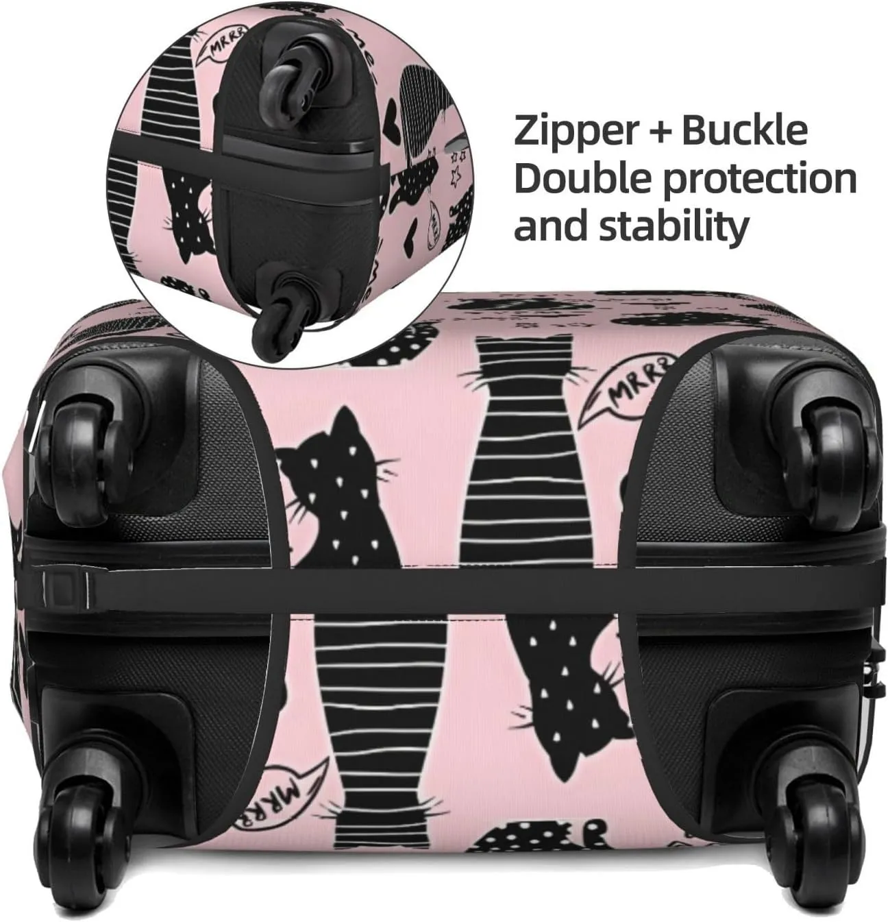 Travel Luggage Cover Suitcase Elastic Washable Stretch Black Cats And Hearts Pink Suitcase Protector Bag,Anti-Scratch Spandex With Zipper Closure Baggage Covers,X-Large