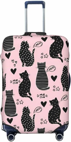 Travel Luggage Cover Suitcase Elastic Washable Stretch Black Cats And Hearts Pink Suitcase Protector Bag,Anti-Scratch Spandex With Zipper Closure Baggage Covers,X-Large