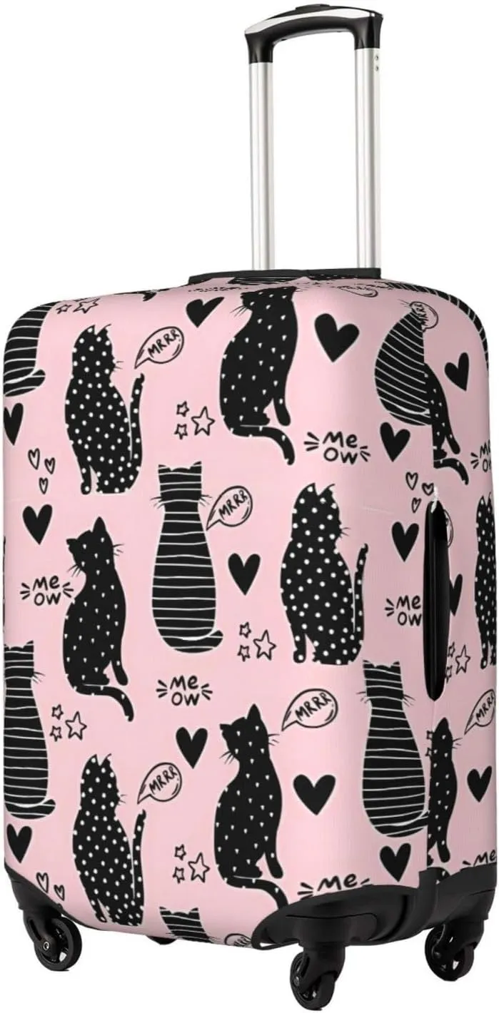 Travel Luggage Cover Suitcase Elastic Washable Stretch Black Cats And Hearts Pink Suitcase Protector Bag,Anti-Scratch Spandex With Zipper Closure Baggage Covers,X-Large