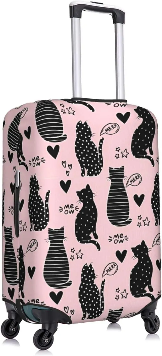 Travel Luggage Cover Suitcase Elastic Washable Stretch Black Cats And Hearts Pink Suitcase Protector Bag,Anti-Scratch Spandex With Zipper Closure Baggage Covers,X-Large