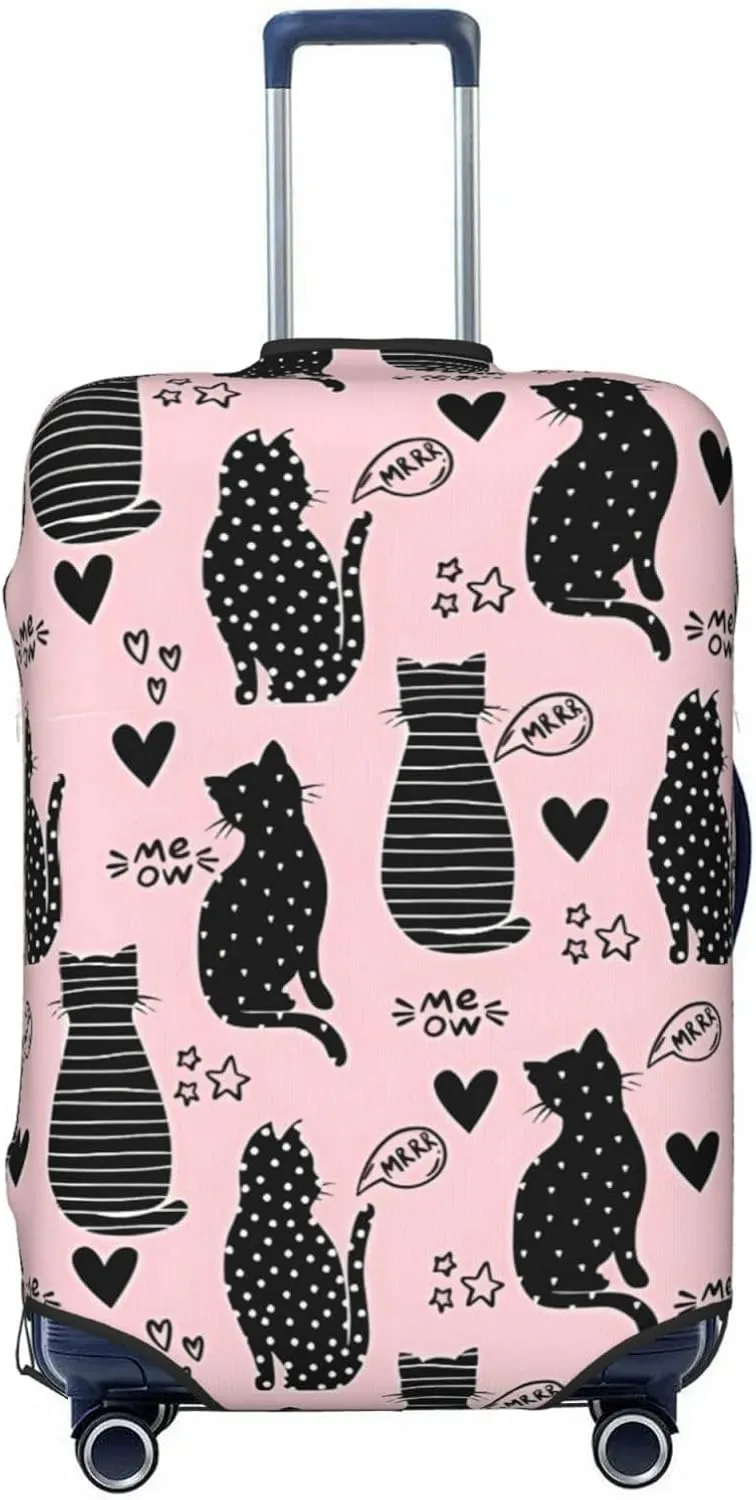 Travel Luggage Cover Suitcase Elastic Washable Stretch Black Cats And Hearts Pink Suitcase Protector Bag,Anti-Scratch Spandex With Zipper Closure Baggage Covers,X-Large
