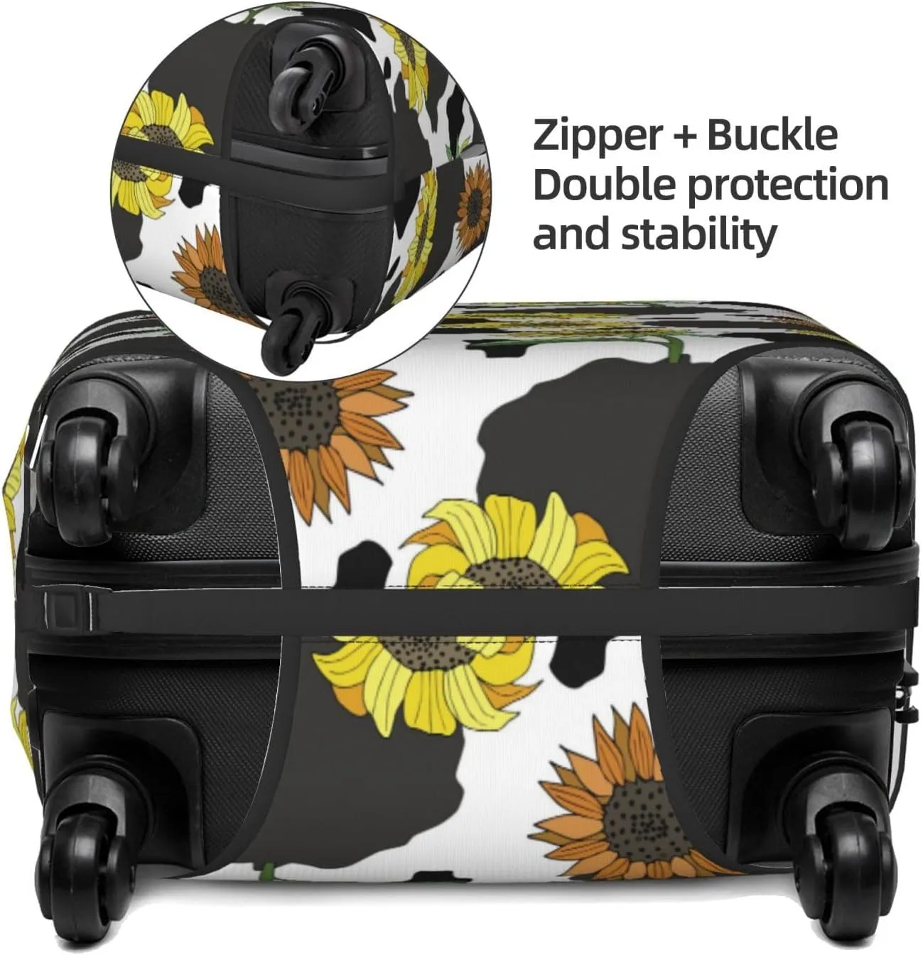 Travel Luggage Cover Suitcase Elastic Washable Stretch Black White Cow Print Sunflowers Suitcase Protector Bag,Anti-Scratch Dust-Proof With Zipper Closure Baggage Covers For Wheeled Suitcase Kid Adult