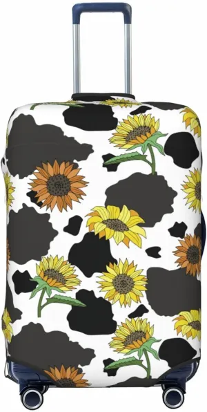 Travel Luggage Cover Suitcase Elastic Washable Stretch Black White Cow Print Sunflowers Suitcase Protector Bag,Anti-Scratch Dust-Proof With Zipper Closure Baggage Covers For Wheeled Suitcase Kid Adult