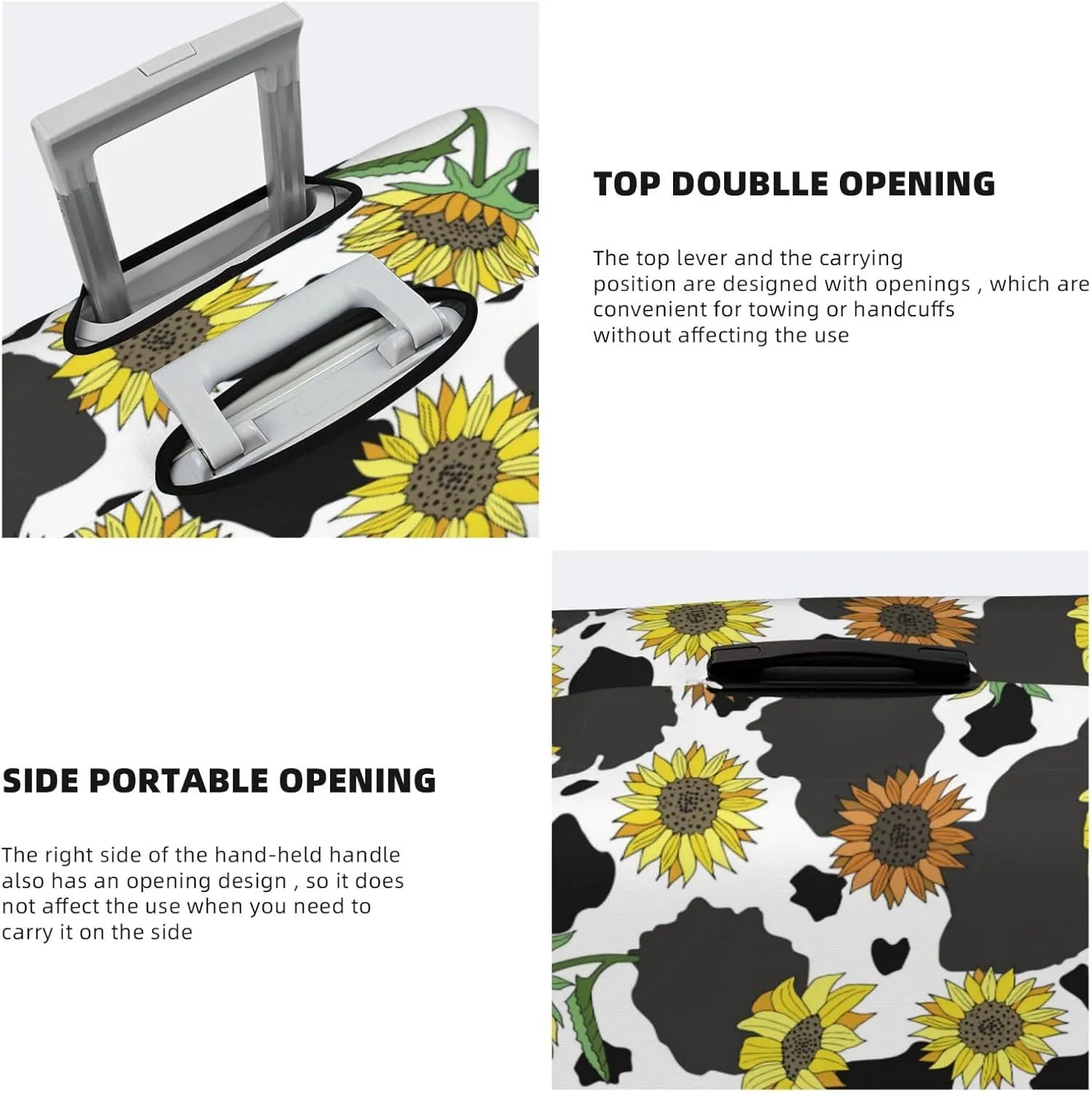 Travel Luggage Cover Suitcase Elastic Washable Stretch Black White Cow Print Sunflowers Suitcase Protector Bag,Anti-Scratch Dust-Proof With Zipper Closure Baggage Covers For Wheeled Suitcase Kid Adult