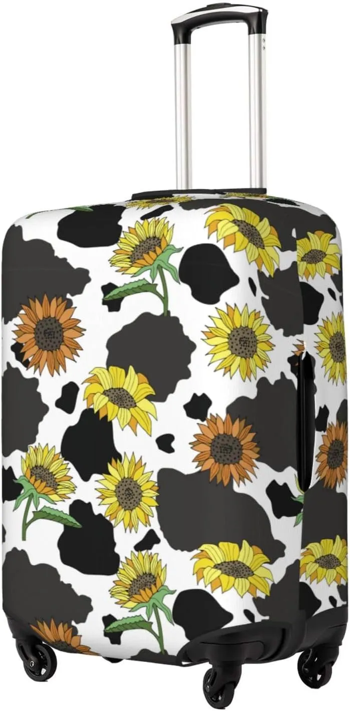 Travel Luggage Cover Suitcase Elastic Washable Stretch Black White Cow Print Sunflowers Suitcase Protector Bag,Anti-Scratch Dust-Proof With Zipper Closure Baggage Covers For Wheeled Suitcase Kid Adult