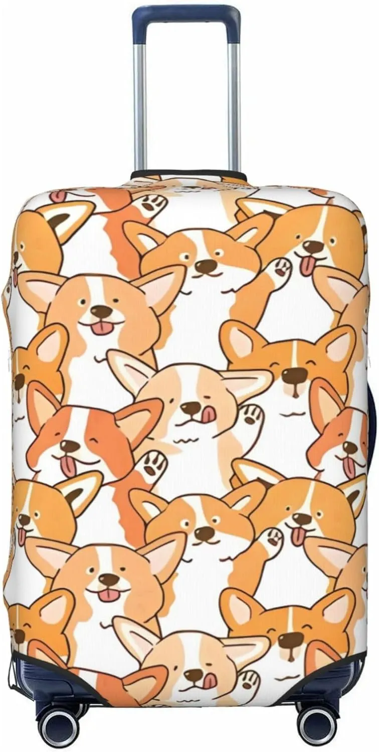 Travel Luggage Cover Suitcase Elastic Washable Stretch Cute Cartoon Corgi Dogs Suitcase Protector Bag,Anti-Scratch Spandex Double-Sided Baggage Covers For Wheeled Suitcase Kid Adult