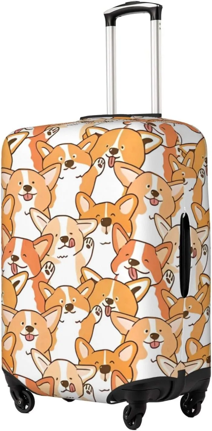 Travel Luggage Cover Suitcase Elastic Washable Stretch Cute Cartoon Corgi Dogs Suitcase Protector Bag,Anti-Scratch Spandex Double-Sided Baggage Covers For Wheeled Suitcase Kid Adult