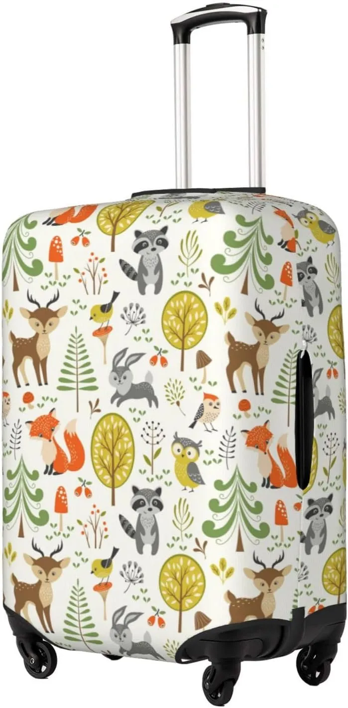 Travel Luggage Cover Suitcase Elastic Washable Stretch Cute Woodland Animals Fox Raccoon Rabbit Suitcase Protector Bag,Anti-Scratch Spandex Double-Sided Baggage Covers,Medium