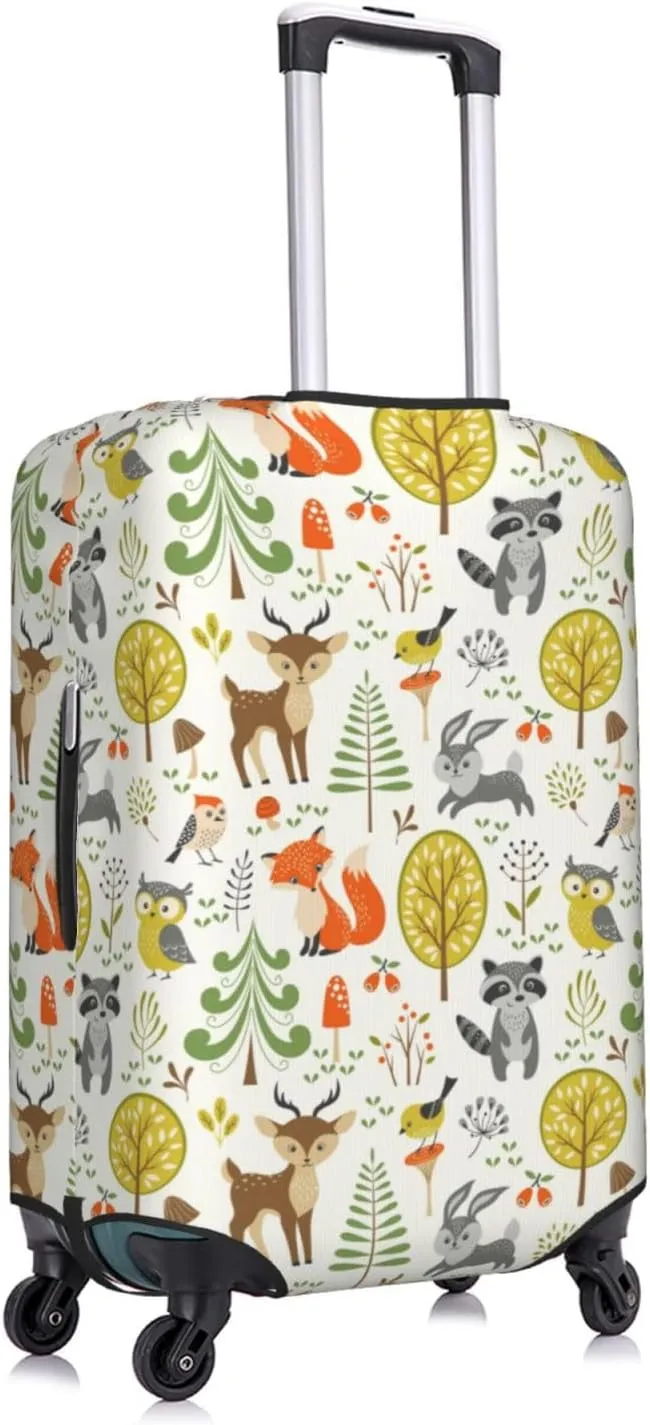 Travel Luggage Cover Suitcase Elastic Washable Stretch Cute Woodland Animals Fox Raccoon Rabbit Suitcase Protector Bag,Anti-Scratch Spandex Double-Sided Baggage Covers,Medium