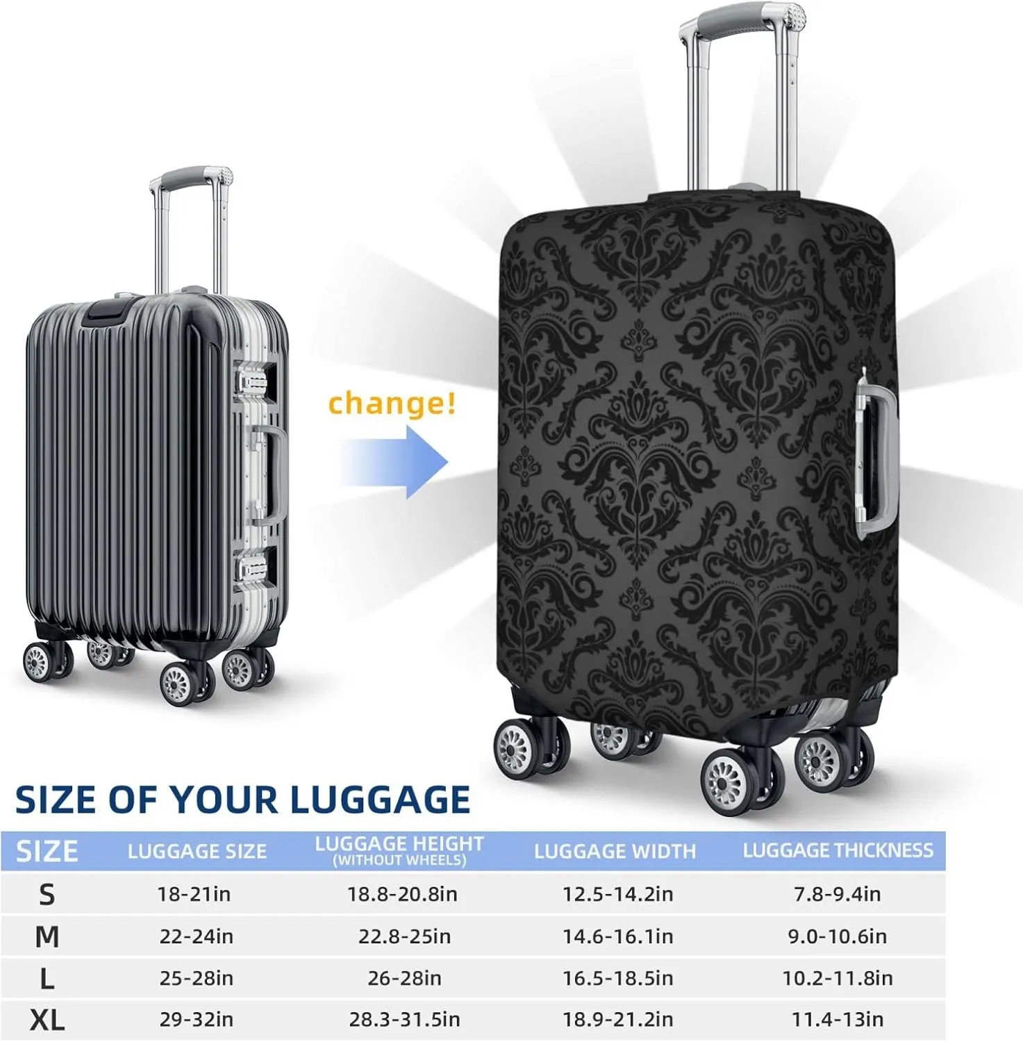 Travel Luggage Cover Suitcase Elastic Washable Stretch Damask Baroque Flower Suitcase Protector Bag,Anti-Scratch Spandex Double-Sided Baggage Covers For Wheeled Suitcase Kid Adult
