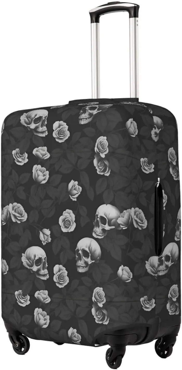 Travel Luggage Cover Suitcase Elastic Washable Stretch Dark Rose Flower Skull 2 Suitcase Protector Bag,Anti-Scratch Spandex With Zipper Closure Baggage Covers For Wheeled Suitcase Kid Adult