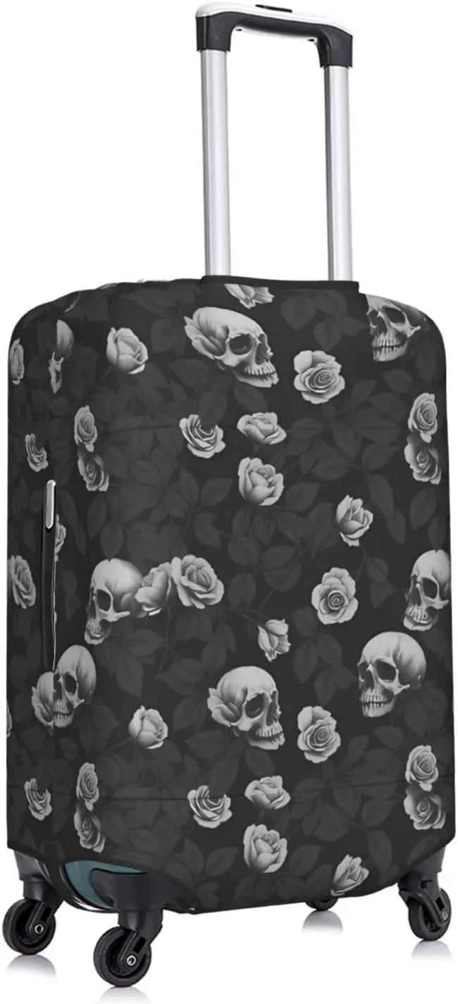 Travel Luggage Cover Suitcase Elastic Washable Stretch Dark Rose Flower Skull 2 Suitcase Protector Bag,Anti-Scratch Spandex With Zipper Closure Baggage Covers For Wheeled Suitcase Kid Adult