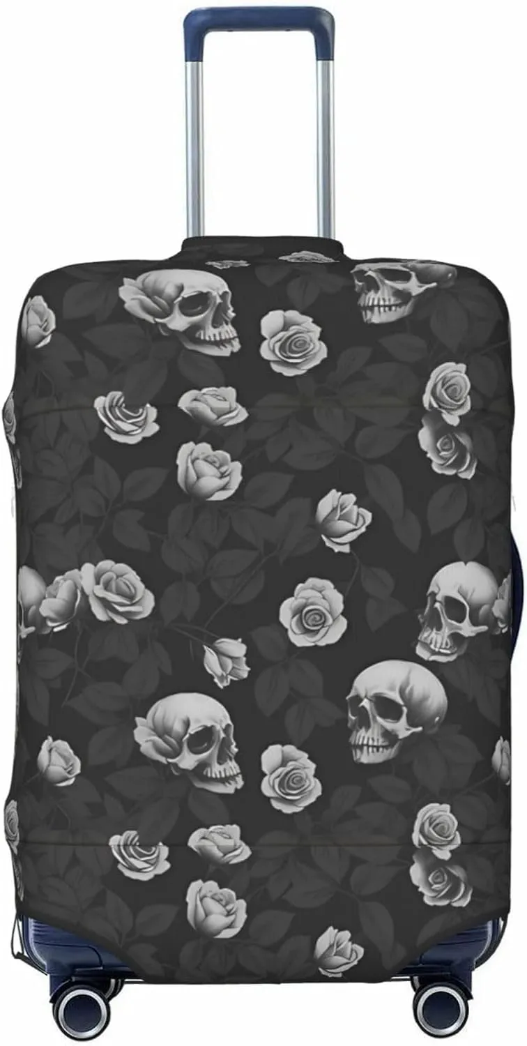 Travel Luggage Cover Suitcase Elastic Washable Stretch Dark Rose Flower Skull 2 Suitcase Protector Bag,Anti-Scratch Spandex With Zipper Closure Baggage Covers For Wheeled Suitcase Kid Adult